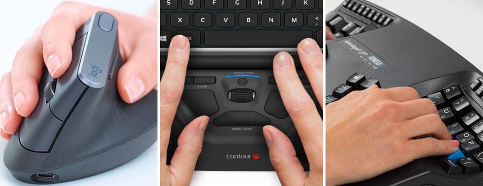 Examples of a vertical mouse, centered pointing device, and split ergonomic keyboard