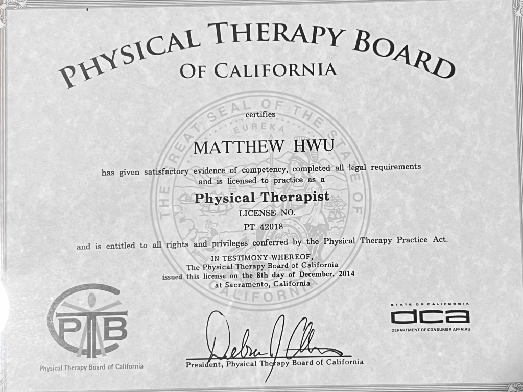 Dr. Matt Hwu PT License