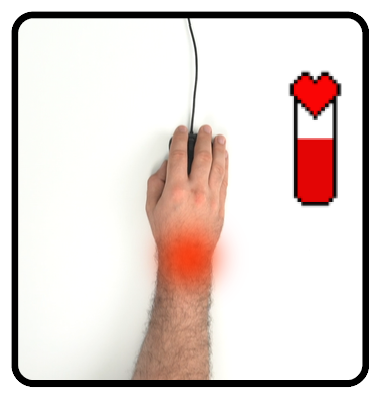 A hand on a mouse with a depleting health bar, illustrating wrist tissue capacity